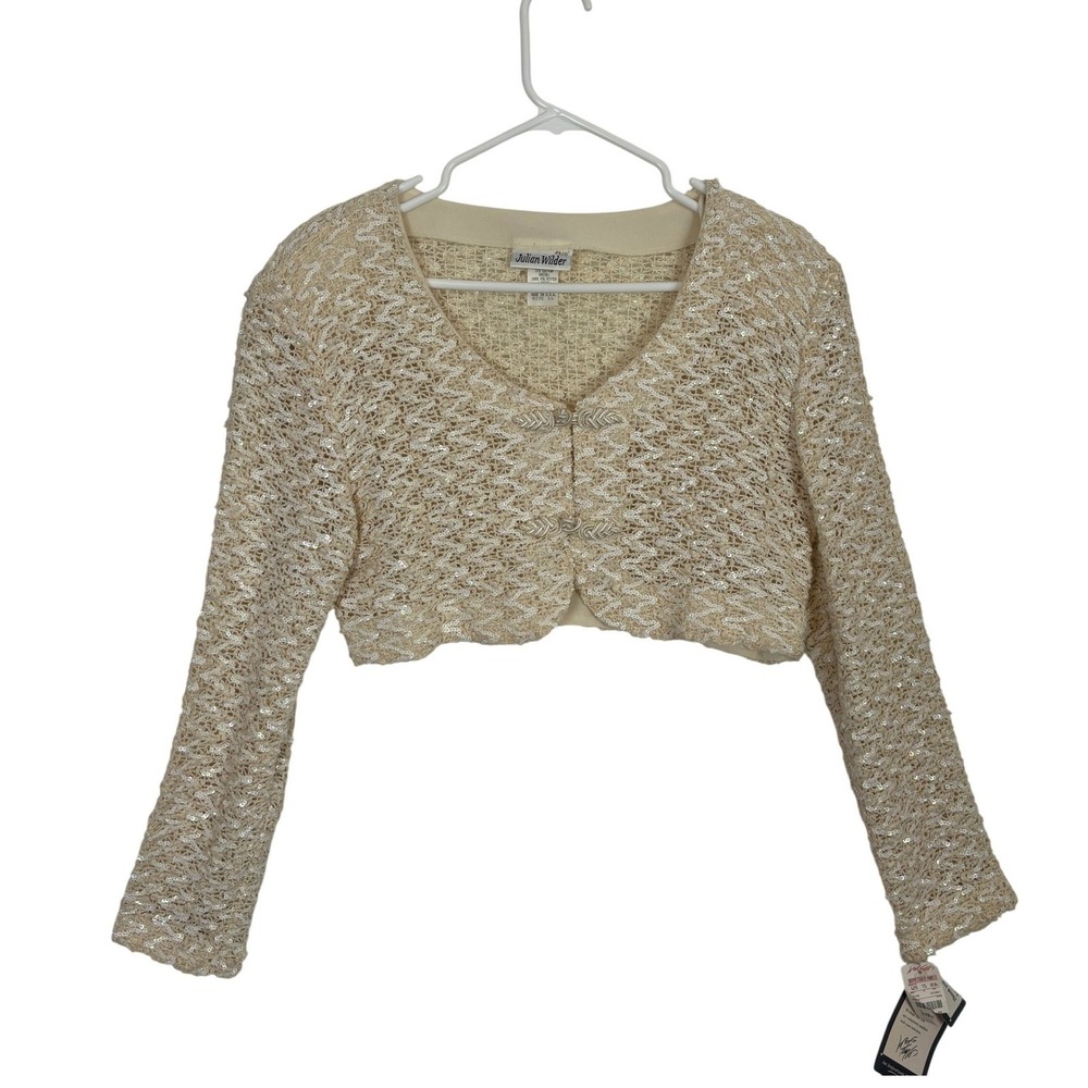 Y2K Sequin Knit Cropped Cardigan Ivory Beaded Coquette Fairy Glam USA size 10